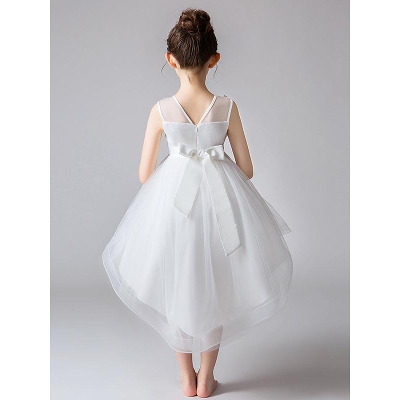 høj lav brudepige, blomsterpige kjole hvid lyserød
